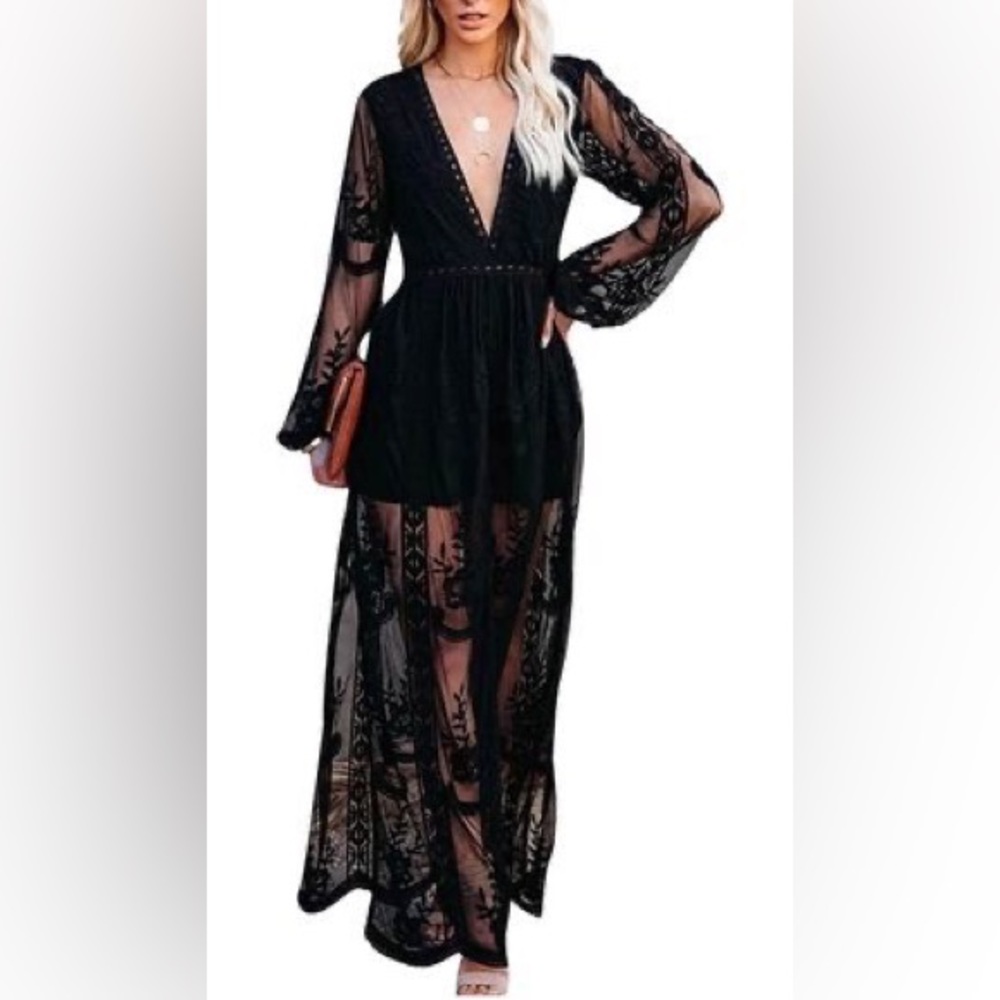 BoHo maxi embroidered lace dress - NEW -black - L